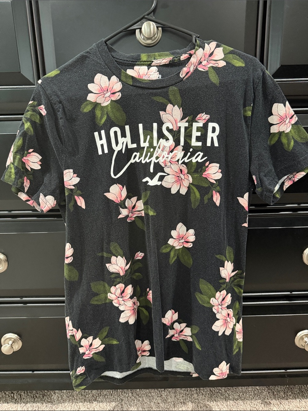 Hollister Black Tee with Pink Floral Print